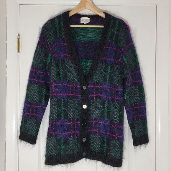 Vintage‎ 90s Susan Bristol Fuzzy Mohair Plaid V-neck Cardigan Hong Kong Sz M - Picture 1 of 15